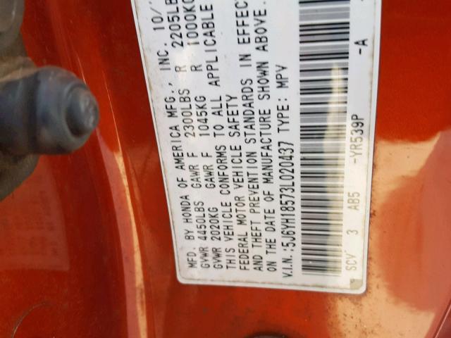 5J6YH18573L020437 - 2003 HONDA ELEMENT EX ORANGE photo 10