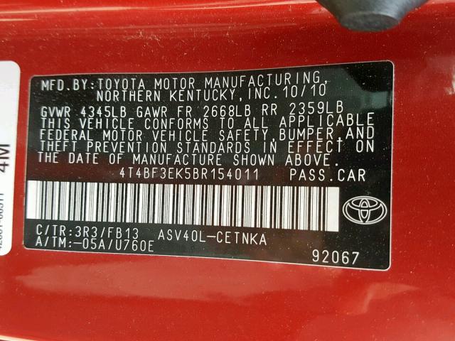 4T4BF3EK5BR154011 - 2011 TOYOTA CAMRY RED photo 10