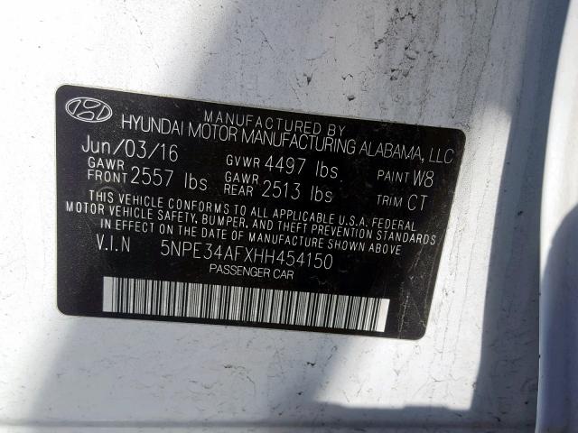 5NPE34AFXHH454150 - 2017 HYUNDAI SONATA SPO WHITE photo 10