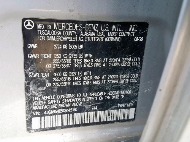 4JGAB54E5XA145150 - 1999 MERCEDES-BENZ ML 320 SILVER photo 10