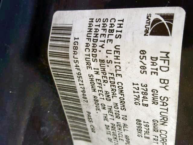 1G8AJ54F95Z179407 - 2005 SATURN ION LEVEL SILVER photo 10