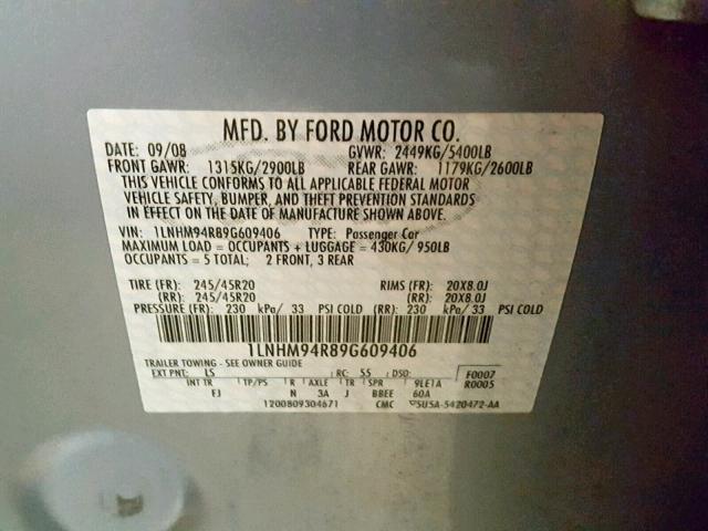 1LNHM94R89G609406 - 2009 LINCOLN MKS BLUE photo 10