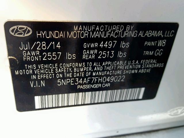 5NPE34AF7FH049022 - 2015 HYUNDAI SONATA SPO WHITE photo 10