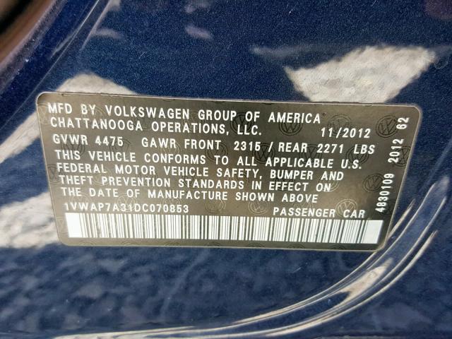 1VWAP7A31DC070853 - 2013 VOLKSWAGEN PASSAT S BLUE photo 10