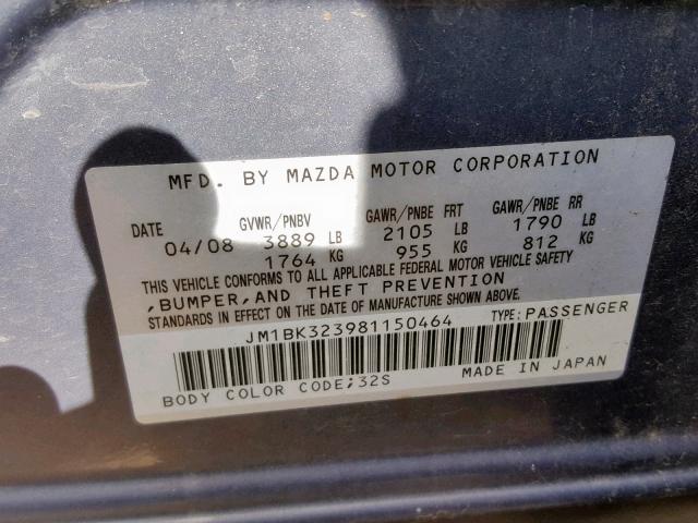 JM1BK323981150464 - 2008 MAZDA 3 S GRAY photo 10