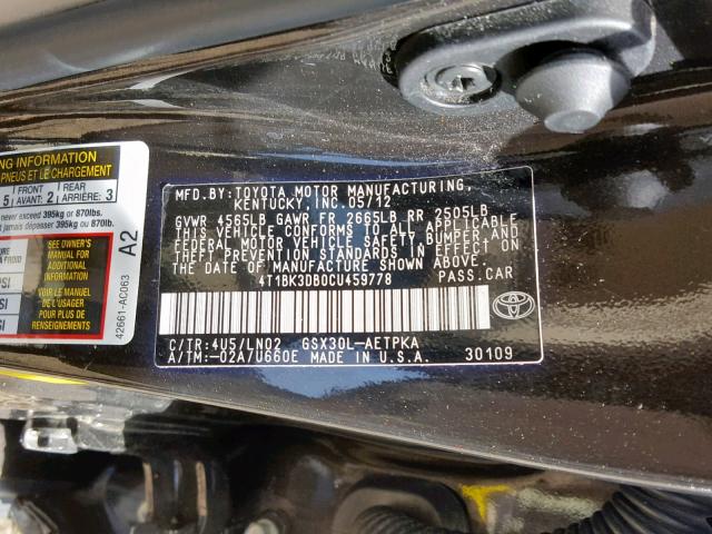 4T1BK3DB0CU459778 - 2012 TOYOTA AVALON BAS BLACK photo 10