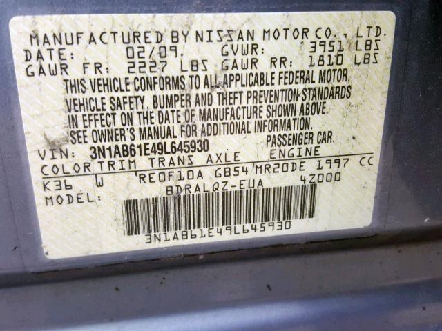 3N1AB61E49L645930 - 2009 NISSAN SENTRA 2.0 SILVER photo 10