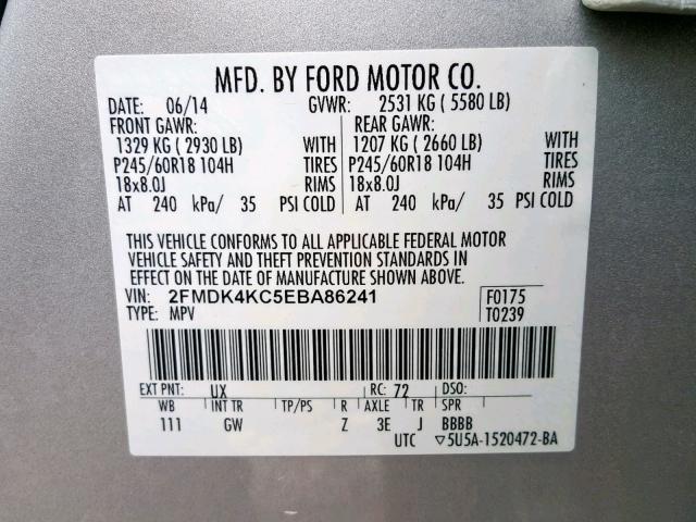 2FMDK4KC5EBA86241 - 2014 FORD EDGE LIMIT SILVER photo 10