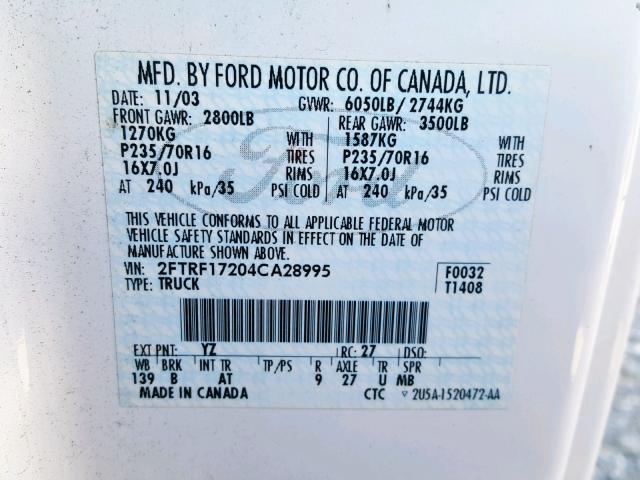 2FTRF17204CA28995 - 2004 FORD F-150 HERI WHITE photo 10