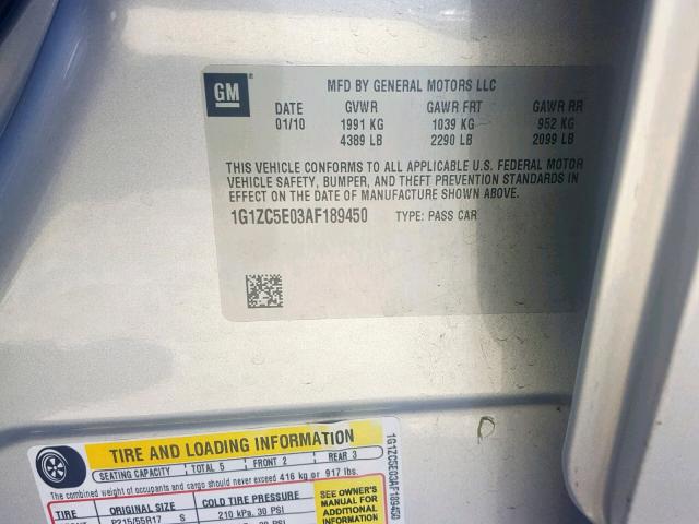 1G1ZC5E03AF189450 - 2010 CHEVROLET MALIBU 1LT 银色 照片 10