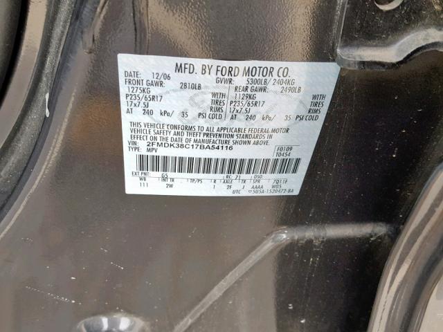 2FMDK38C17BA54116 - 2007 FORD EDGE SEL GRAY photo 10