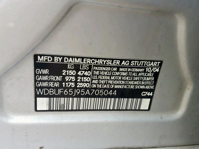 WDBUF65J95A705044 - 2005 MERCEDES-BENZ E 320 SILVER photo 10