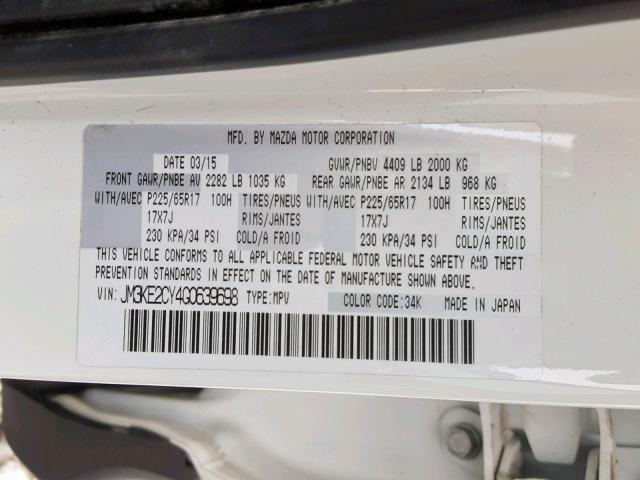 JM3KE2CY4G0639698 - 2016 MAZDA CX-5 TOURI WHITE photo 10