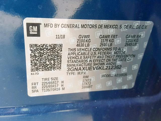 3GNAXUEV6KL212362 - 2019 CHEVROLET EQUINOX LT BLUE photo 10