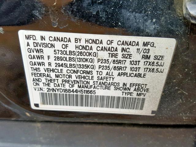 2HNYD18844H511665 - 2004 ACURA MDX TOURIN BLACK photo 10