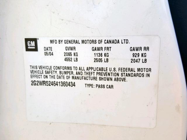 2G2WR524641360434 - 2004 PONTIAC GRAND PRIX WHITE photo 10