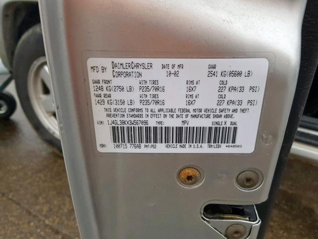 1J4GL38KX3W567096 - 2003 JEEP LIBERTY RE SILVER photo 10