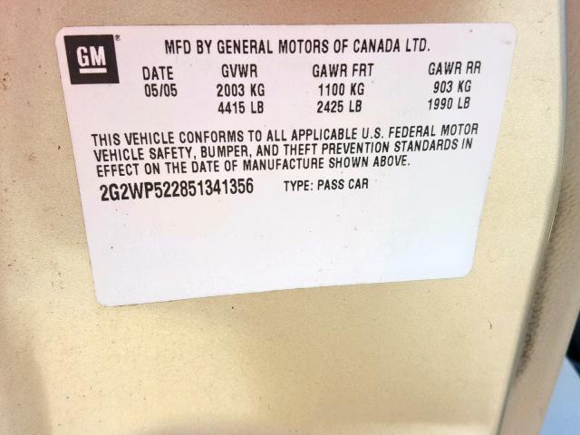 2G2WP522851341356 - 2005 PONTIAC GRAND PRIX GOLD photo 10