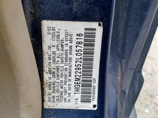 1HGEM22952L057816 - 2002 HONDA CIVIC EX BLUE photo 10