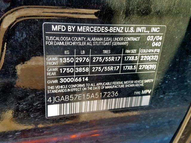 4JGAB57E15A517236 - 2005 MERCEDES-BENZ ML 350 BLACK photo 10