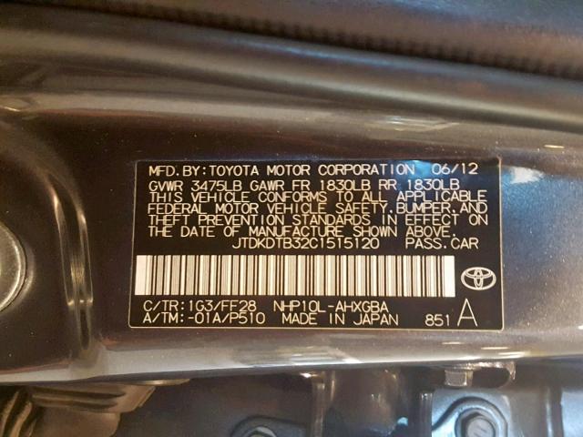 JTDKDTB32C1515120 - 2012 TOYOTA PRIUS C GRAY photo 10