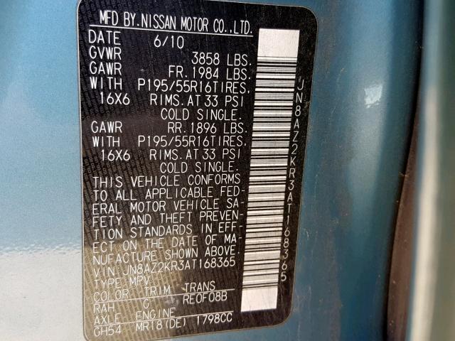 JN8AZ2KR3AT168365 - 2010 NISSAN CUBE BASE BLUE photo 10