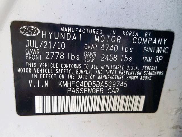 KMHFC4DD5BA539745 - 2011 HYUNDAI AZERA GLS WHITE photo 10