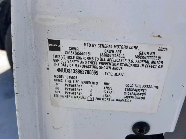 4NUDS13S862700669 - 2006 ISUZU ASCENDER S 白色 照片 10