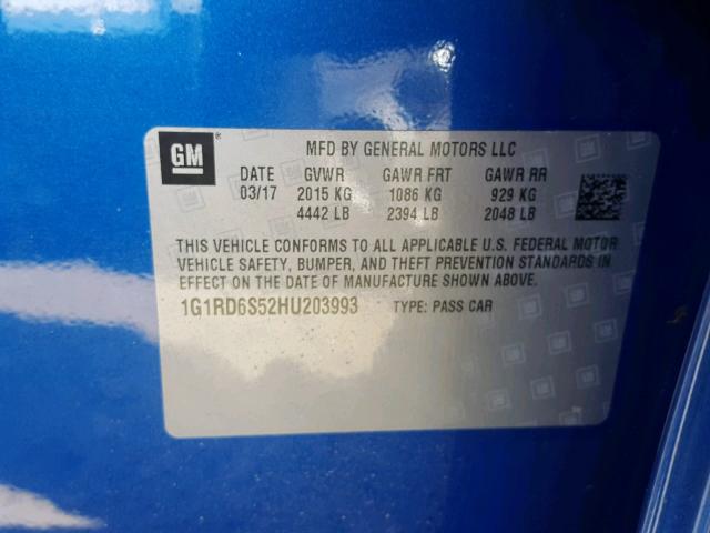 1G1RD6S52HU203993 - 2017 CHEVROLET VOLT PREMI BLUE photo 10