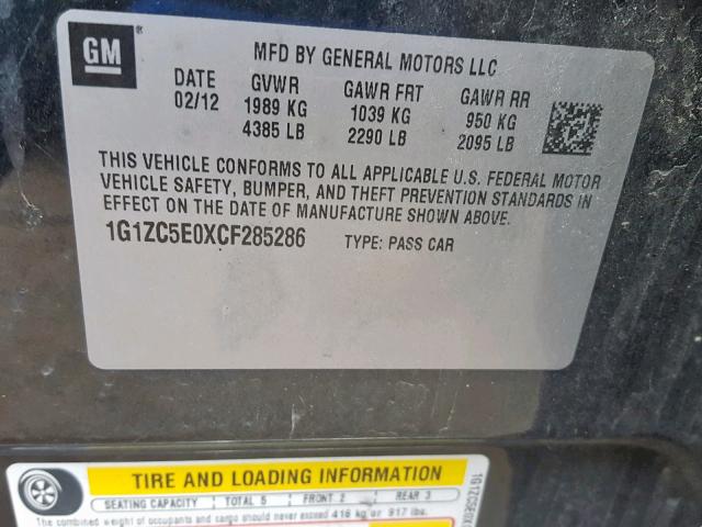 1G1ZC5E0XCF285286 - 2012 CHEVROLET MALIBU 1LT 黑色 照片 10