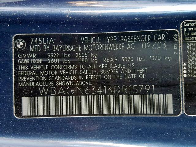 WBAGN63413DR15791 - 2003 BMW 745 LI BLUE photo 10