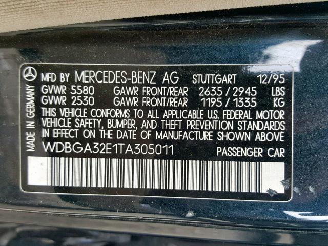 WDBGA32E1TA305011 - 1996 MERCEDES-BENZ S 320W BLACK photo 10