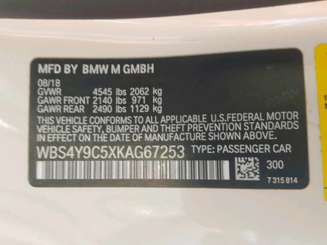 WBS4Y9C5XKAG67253 - 2019 BMW M4 WHITE photo 10