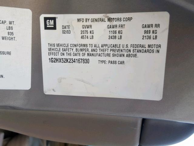 1G2HX52K234167830 - 2003 PONTIAC BONNEVILLE GRAY photo 10