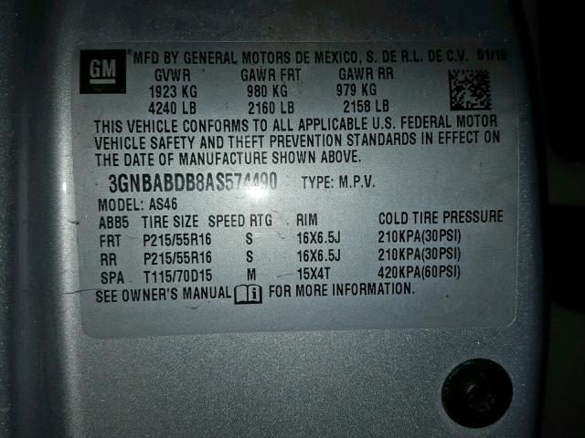 3GNBABDB8AS574490 - 2010 CHEVROLET HHR LT SILVER photo 10