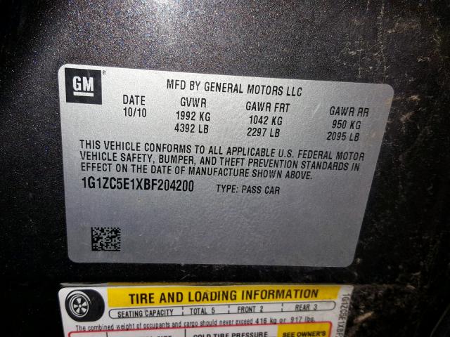 1G1ZC5E1XBF204200 - 2011 CHEVROLET MALIBU 1LT 灰色 照片 10