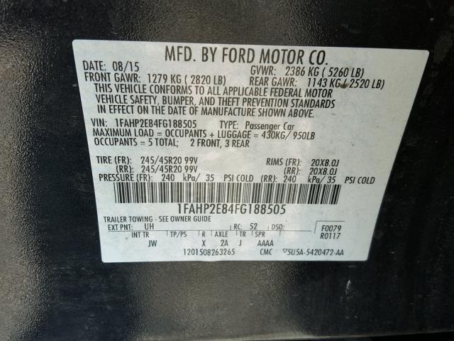 1FAHP2E84FG188505 - 2015 FORD TAURUS SEL BLACK photo 10