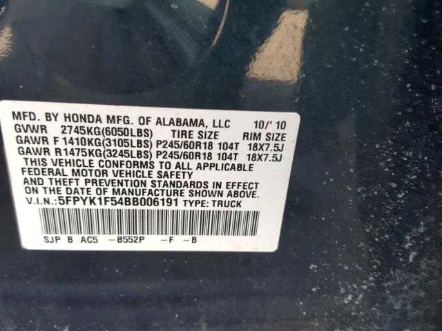 5FPYK1F54BB006191 - 2011 HONDA RIDGELINE BLUE photo 10