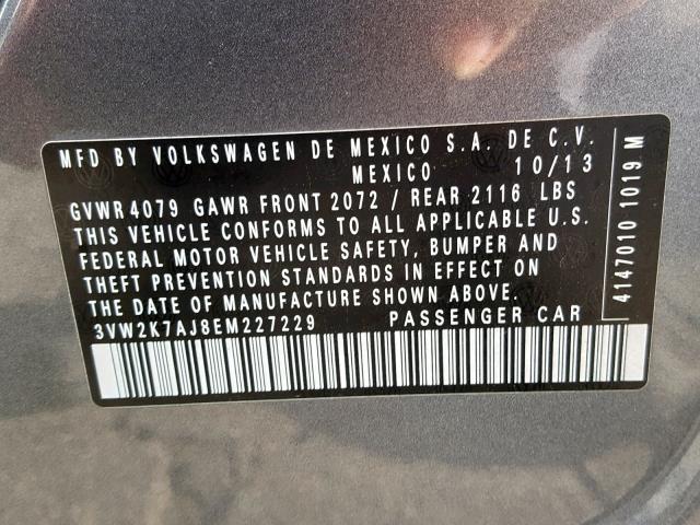 3VW2K7AJ8EM227229 - 2014 VOLKSWAGEN JETTA BASE GRAY photo 10