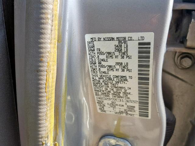 1N6ED29Y72C313222 - 2002 NISSAN FRONTIER C SILVER photo 10