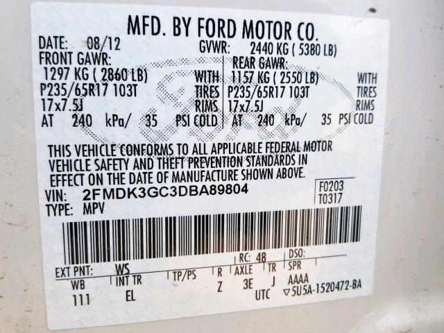 2FMDK3GC3DBA89804 - 2013 FORD EDGE SE WHITE photo 10