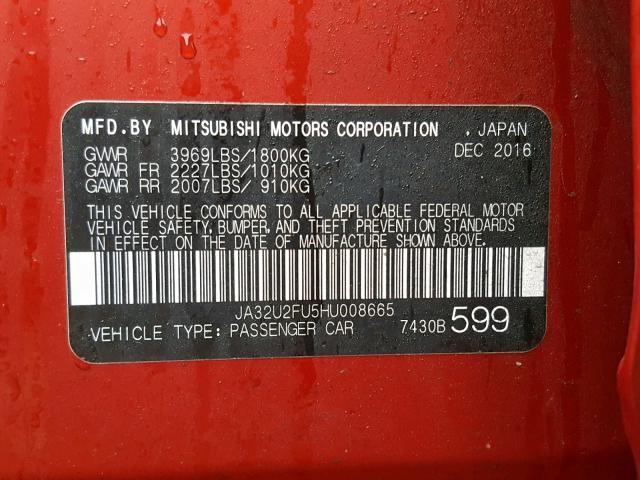 JA32U2FU5HU008665 - 2017 MITSUBISHI LANCER ES RED photo 10