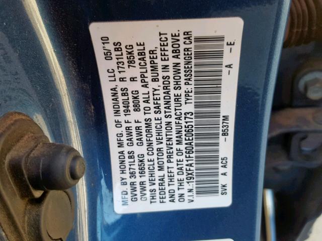 19XFA1F60AE065173 - 2010 HONDA CIVIC LX-S Blau Foto 10