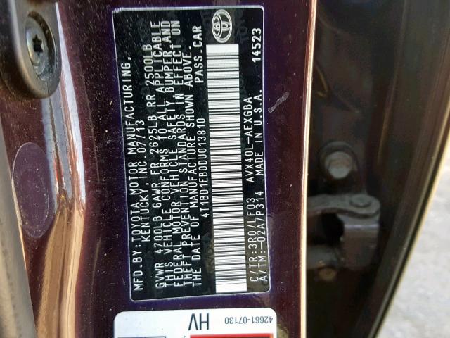 4T1BD1EB0DU013810 - 2013 TOYOTA AVALON HYB BURGUNDY photo 10