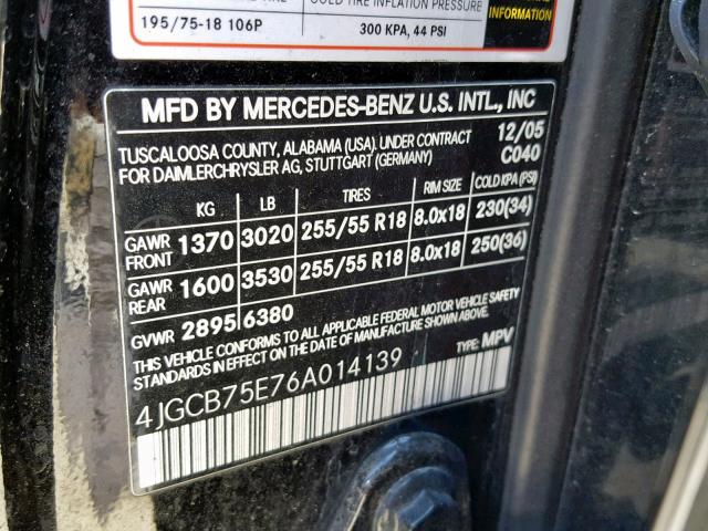 4JGCB75E76A014139 - 2006 MERCEDES-BENZ R 500 BLACK photo 10