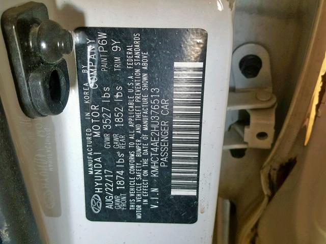 KMHCT4AE2HU376513 - 2017 HYUNDAI ACCENT SE WHITE photo 10