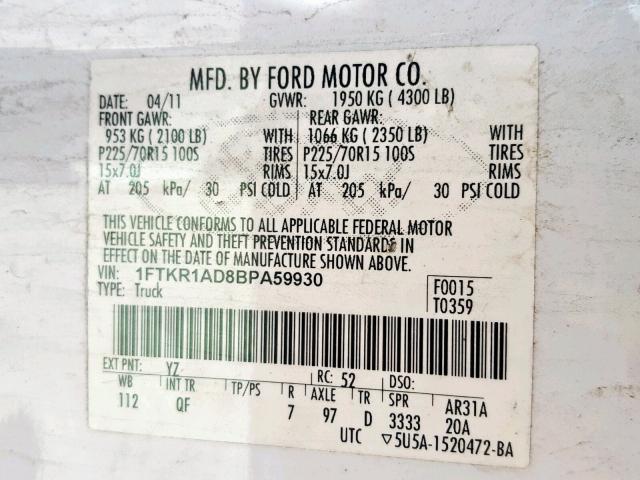 1FTKR1AD8BPA59930 - 2011 FORD RANGER WHITE photo 10