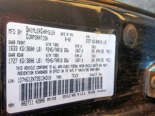 1D7HG12X73S134310 - 2003 DODGE DAKOTA SXT BLACK photo 10