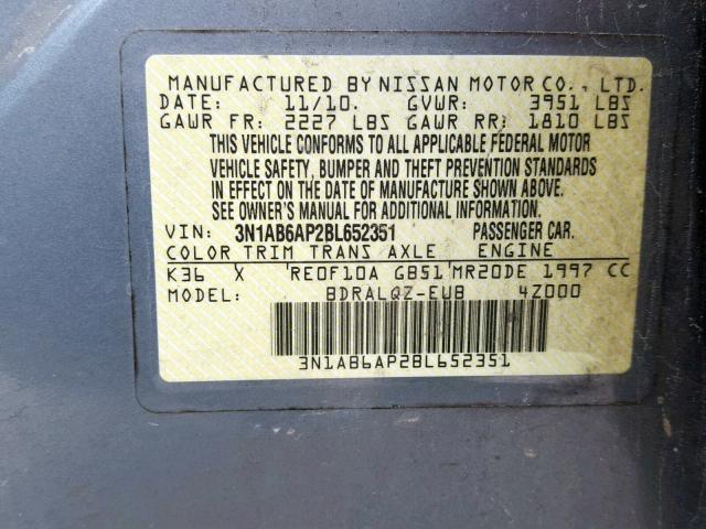 3N1AB6AP2BL652351 - 2011 NISSAN SENTRA 2.0 GRAY photo 10