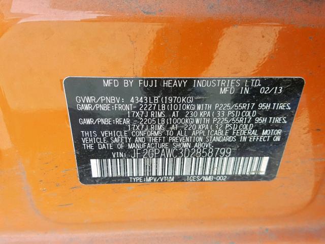 JF2GPAWC3D2858799 - 2013 SUBARU XV CROSSTR ORANGE photo 10